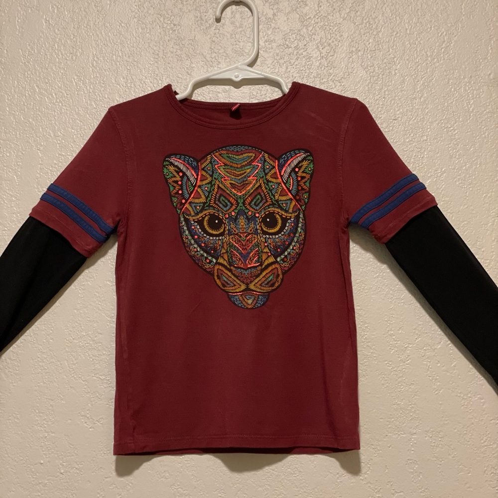 Ay Güey designer shirt; 4t; gently used; red w/ blue sleeves; Balam design